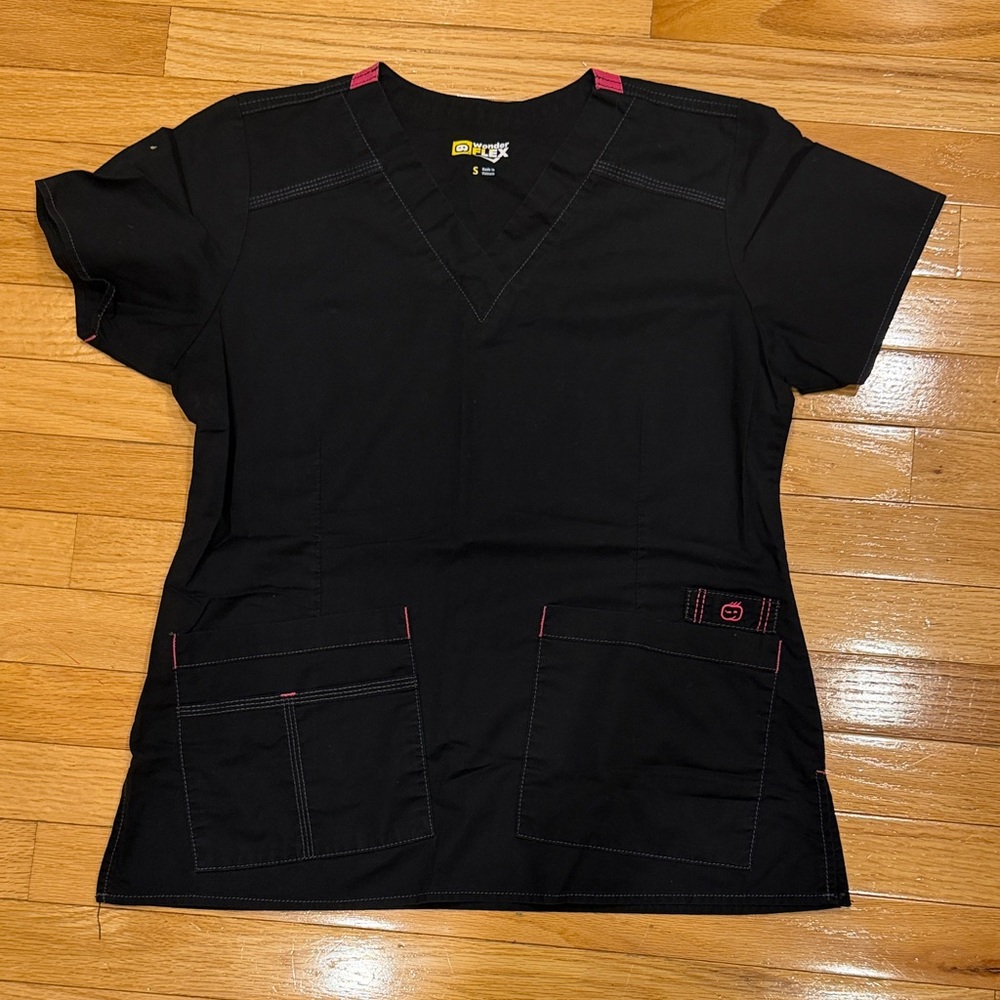 WonderWink Black Scrub Top with Pink Accents